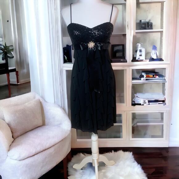 Vintage Cache Black Sequins Ruffled Spaghetti Straps Dress Size 8 Rhinestone - Picture 7 of 14